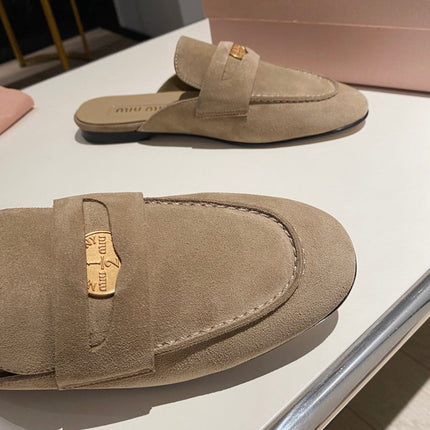 MULES SLIPPERS KHAKI COLOR SUEDE WITH GOLD COIN