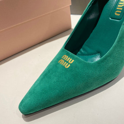 POINTED-TOE HIGH HEEL PUMPS IN GREEN SUEDE