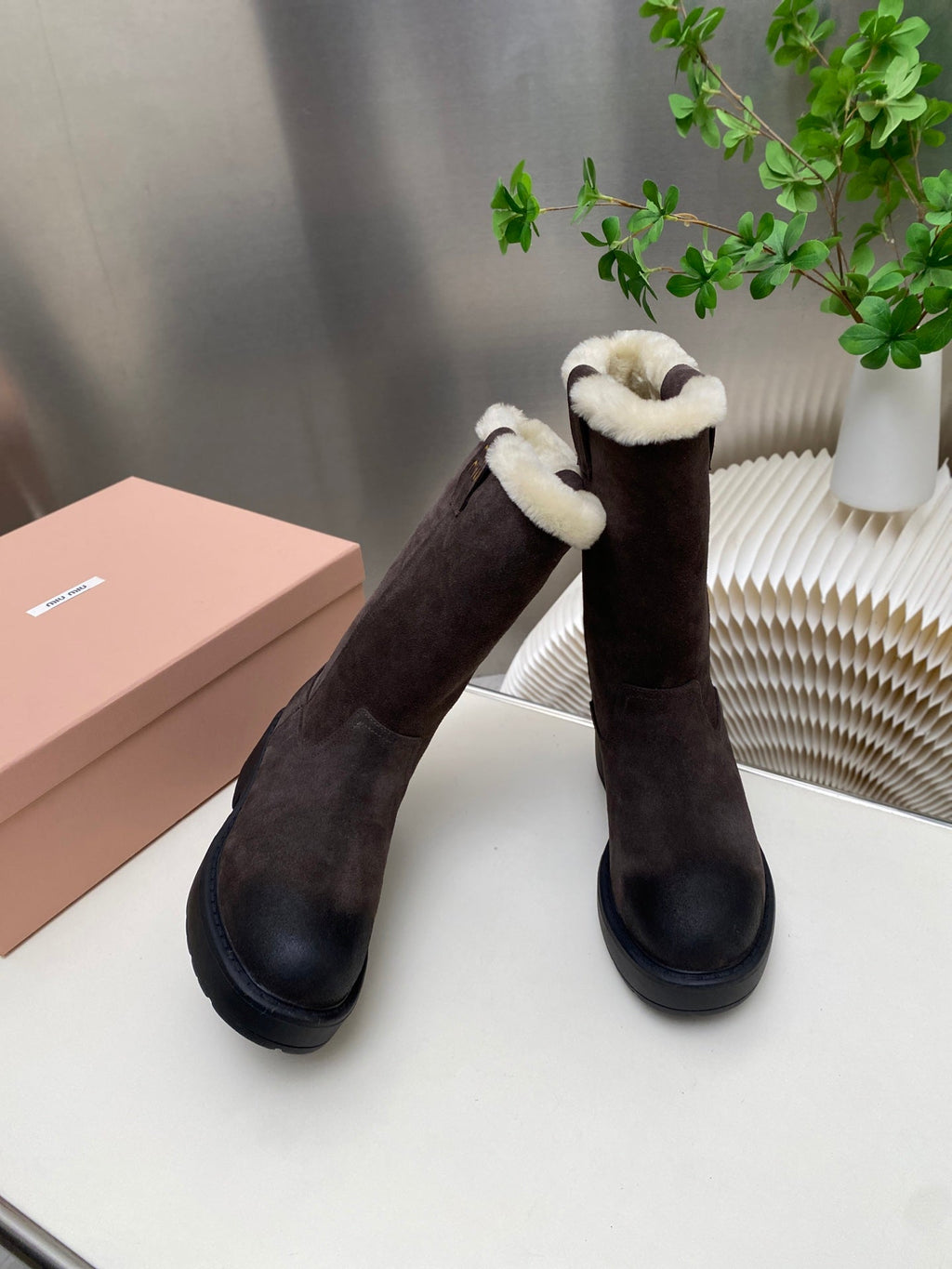 MIUMIU 26S MID CALF BOOT IN DARK BROWN  SUEDE AND SHEARLING