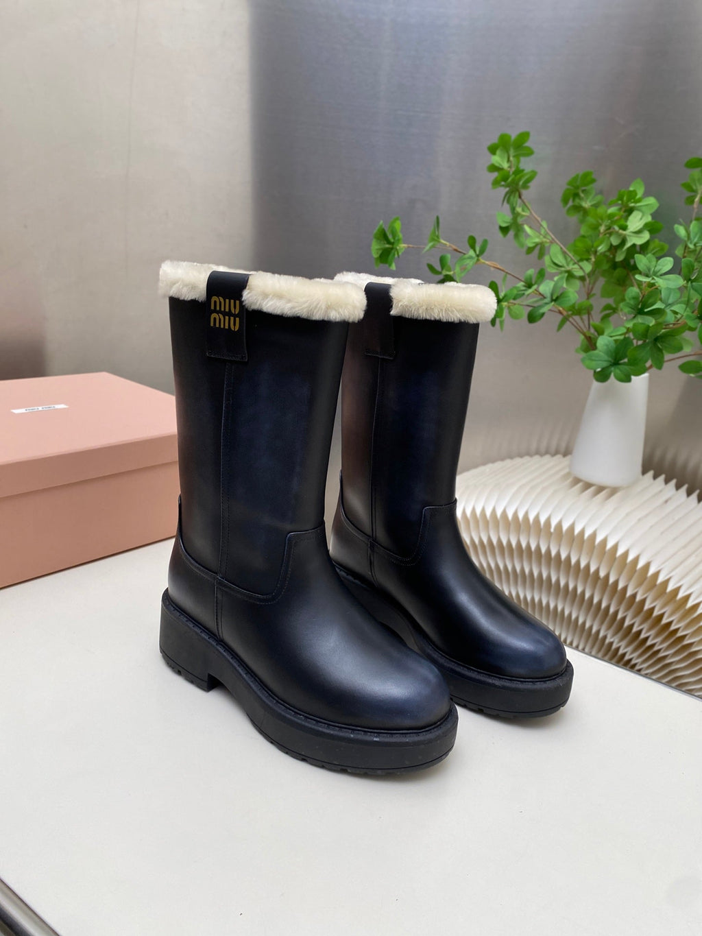 MIUMIU 26S MID CALF BOOT IN BLACK CALFSKIN
