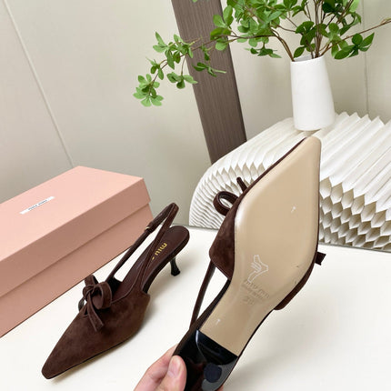 MIUMIU 26S SLINGBACK PUMPS 55MM IN DARK BROWN SUEDE WITH BOW