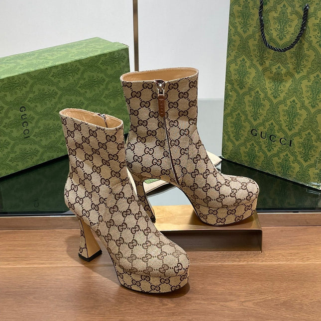 GG SHORT BOOTS 11.5 CM IN CAMEL BROWN MONOGRAM JACQUARD FABRIC