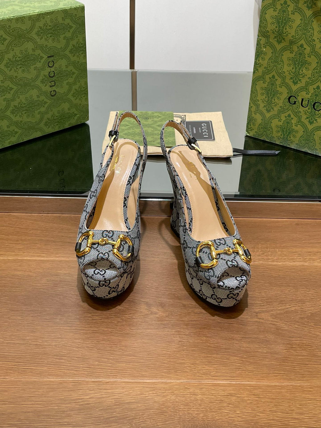 GG WEDGE PLATFORM IN STEEL GREY MONOGRAM JACQUARD FABRIC
