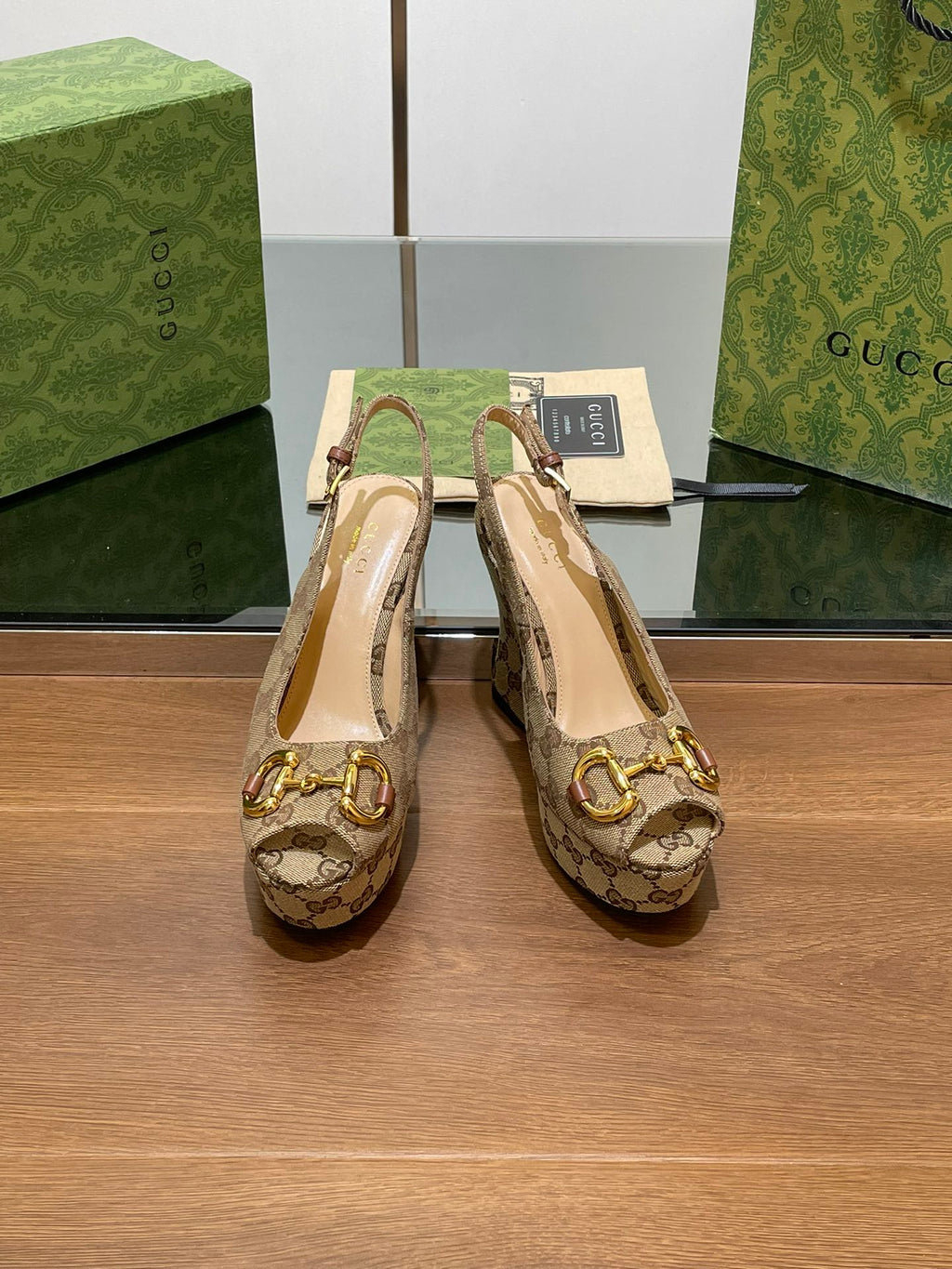 GG WEDGE PLATFORM IN CAMEL BROWN MONOGRAM JACQUARD FABRIC