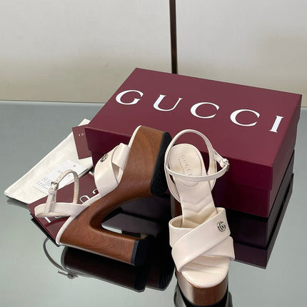 GUCCI 26S DOUBLE G LOGO PLATFORM SANDAL HEELS 130MM IN IVORY WHITE CALFSKIN