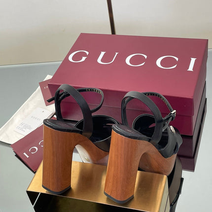GUCCI 26S DOUBLE G LOGO PLATFORM SANDAL HEELS 130MM IN BLACK CALFSKIN