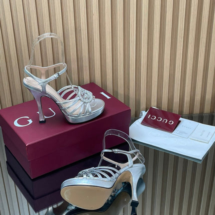 GUCCI 26S HIGH-HEELED SANDALS 125 MM IN SILVER CALFSKIN