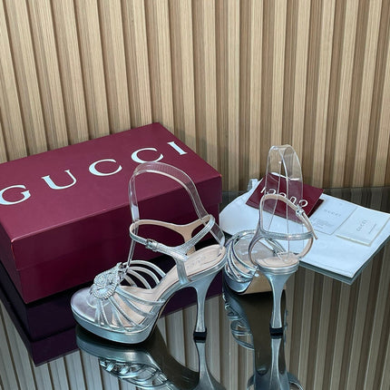 GUCCI 26S HIGH-HEELED SANDALS 125 MM IN SILVER CALFSKIN