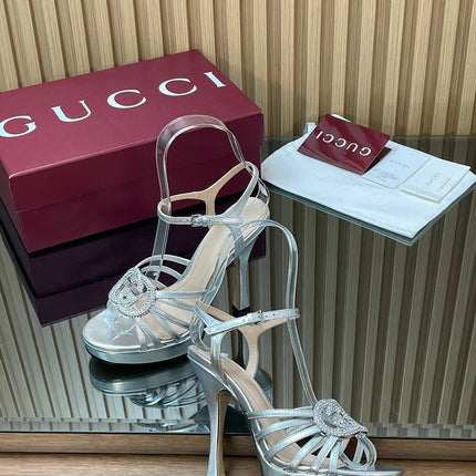 GUCCI 26S HIGH-HEELED SANDALS 125 MM IN SILVER CALFSKIN