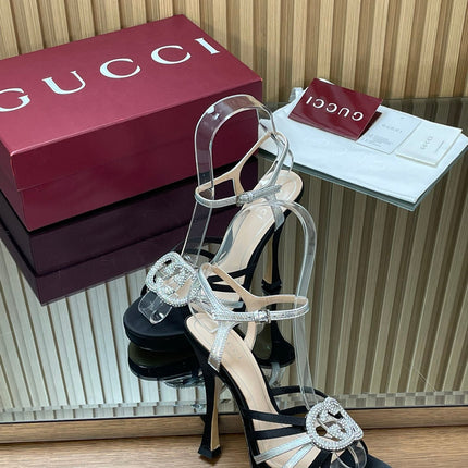 GUCCI 26S HIGH-HEELED SANDALS 125 MM IN BLACK SATIN AND SILVER CALFSKIN
