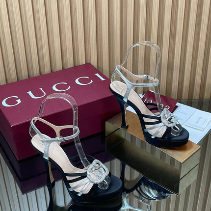 GUCCI 26S HIGH-HEELED SANDALS 125 MM IN BLACK SATIN AND SILVER CALFSKIN
