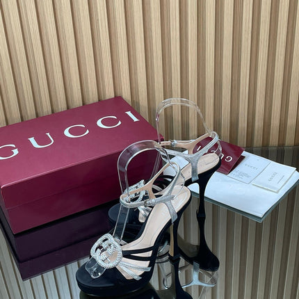 GUCCI 26S HIGH-HEELED SANDALS 125 MM IN BLACK SATIN AND SILVER CALFSKIN