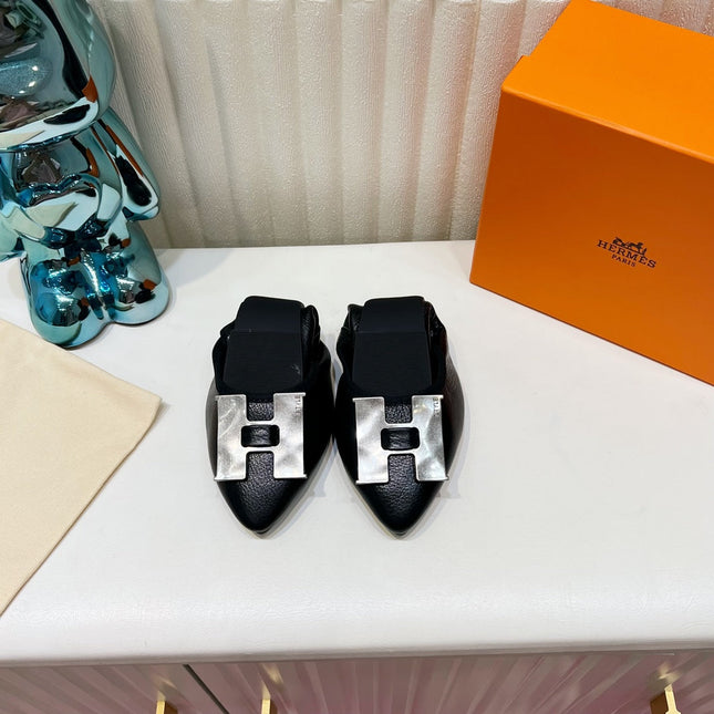H-BUCKLE BALLLET FLAT BLACK CALFSKIN