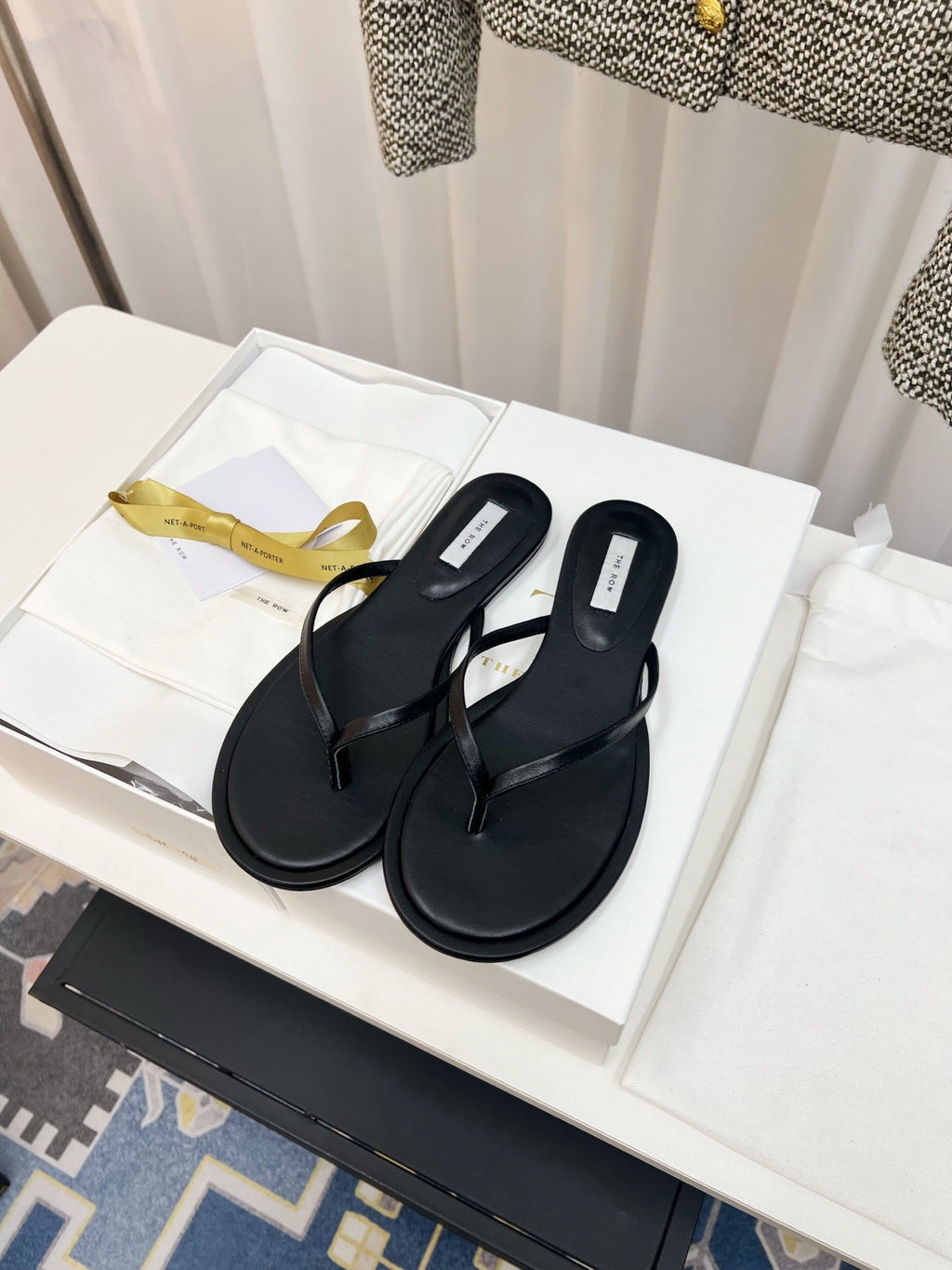 THE ROW 26S THONG SANDALS IN BLACK CALFSKIN
