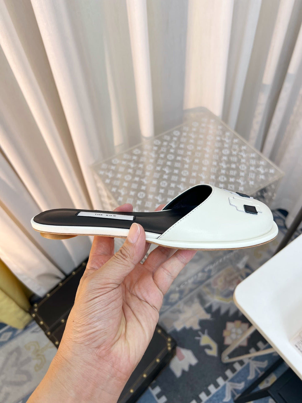 THE ROW 26S PIXEL APPLIQUE MULES IN IVORY WHITE CALFSKIN