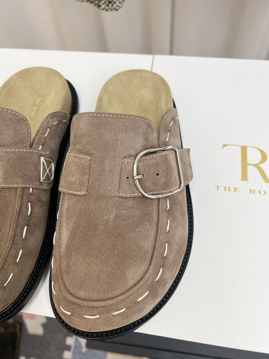 THE ROW 26S BUCKLED MULE CLOGS IN TAUPE BROWN SUEDE