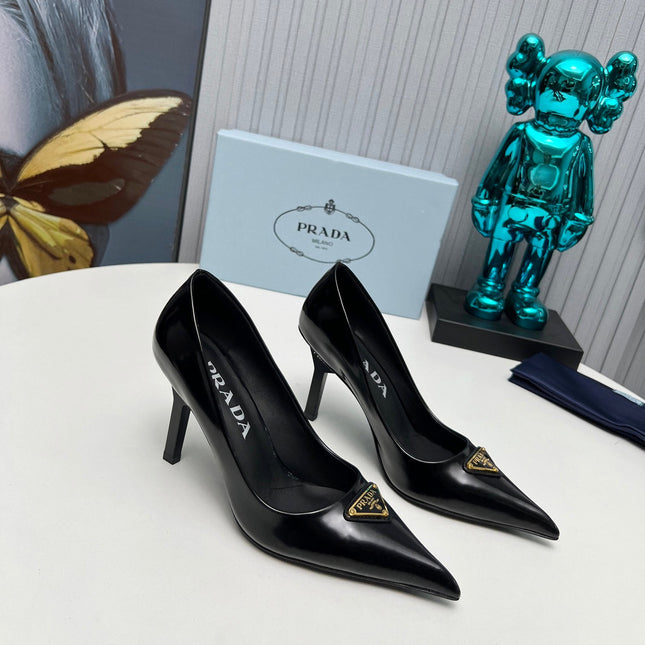 PRADA 26S POINTED TOE PUMPS STILETTO HEEL 80MM IN BLACK SHINE CALFSKIN