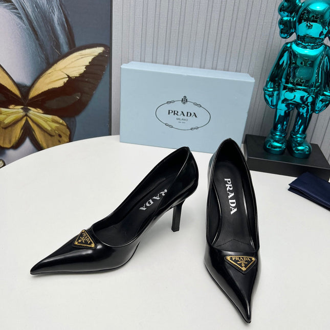 PRADA 26S POINTED TOE PUMPS STILETTO HEEL 80MM IN BLACK SHINE CALFSKIN