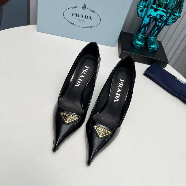 PRADA 26S POINTED TOE PUMPS STILETTO HEEL 80MM IN BLACK SHINE CALFSKIN