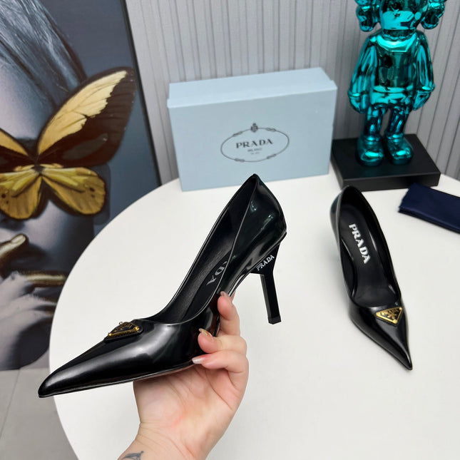 PRADA 26S POINTED TOE PUMPS STILETTO HEEL 80MM IN BLACK SHINE CALFSKIN