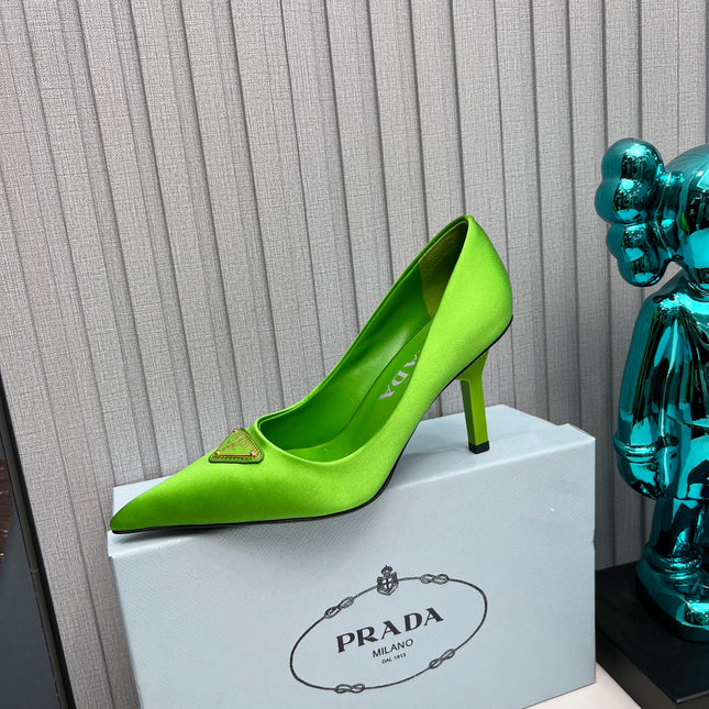 PRADA 26S POINTED TOE PUMPS STILETTO HEEL 80MM IN LIME GREEN SATIN