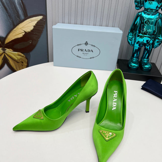 PRADA 26S POINTED TOE PUMPS STILETTO HEEL 80MM IN LIME GREEN SATIN