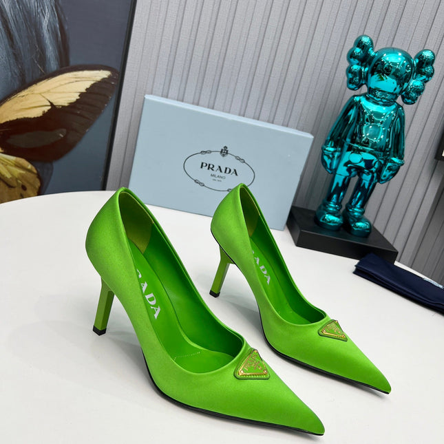 PRADA 26S POINTED TOE PUMPS STILETTO HEEL 80MM IN LIME GREEN SATIN