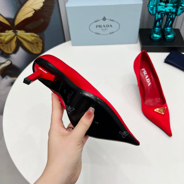 PRADA 26S POINTED TOE PUMPS STILETTO HEEL 80MM IN DARK RED SATIN