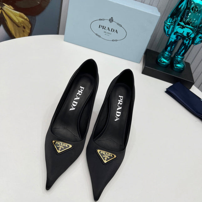 PRADA 26S POINTED TOE PUMPS STILETTO HEEL 80MM IN BLACK SATIN