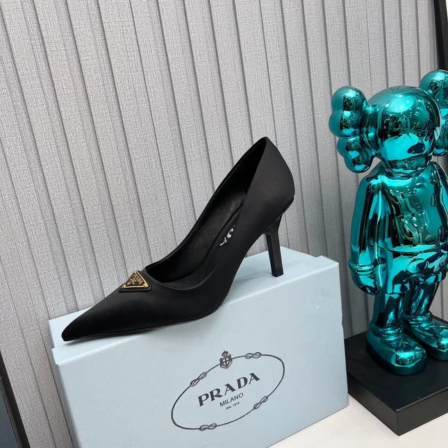 PRADA 26S POINTED TOE PUMPS STILETTO HEEL 80MM IN BLACK SATIN