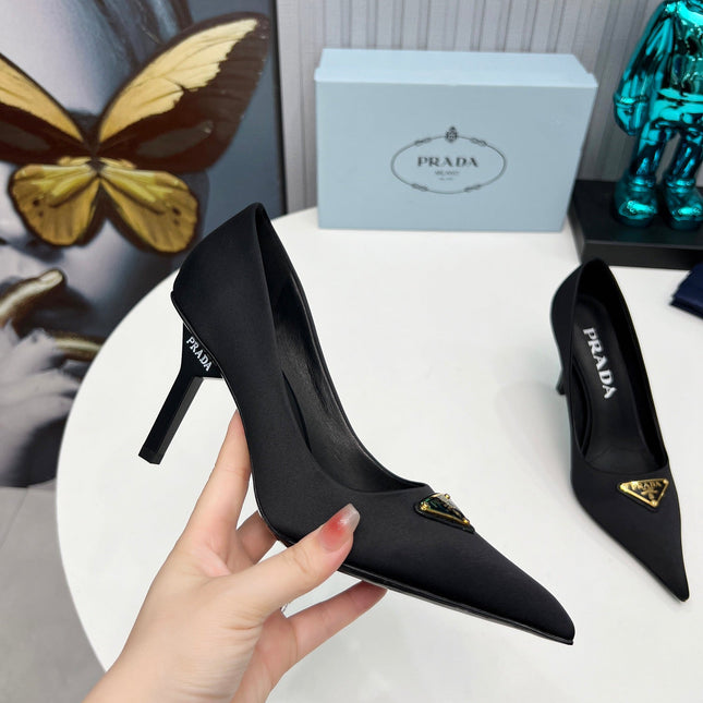 PRADA 26S POINTED TOE PUMPS STILETTO HEEL 80MM IN BLACK SATIN