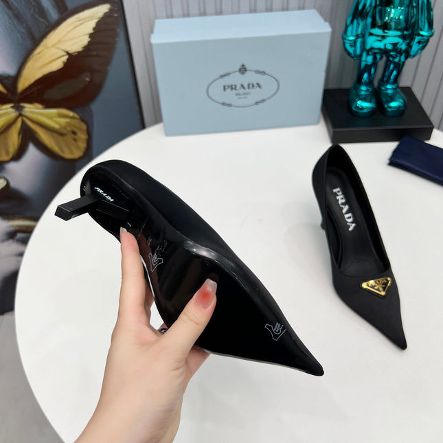 PRADA 26S POINTED TOE PUMPS STILETTO HEEL 80MM IN BLACK SATIN