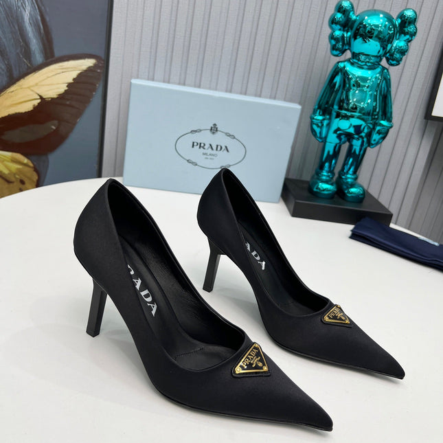 PRADA 26S POINTED TOE PUMPS STILETTO HEEL 80MM IN BLACK SATIN
