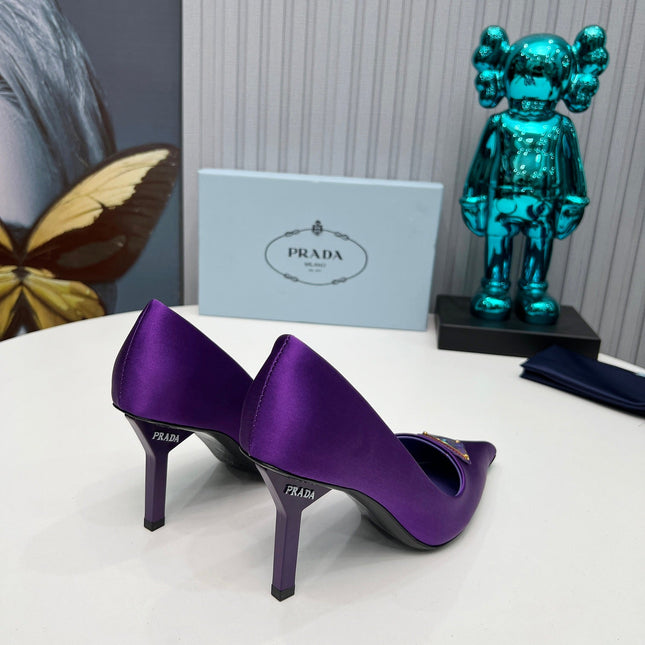 PRADA 26S POINTED TOE PUMPS STILETTO HEEL 80MM IN DEEP PURPLE SATIN