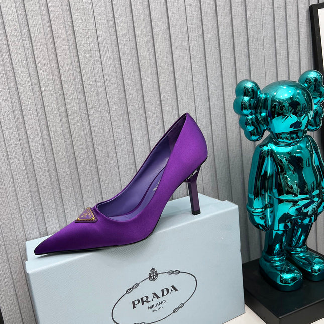 PRADA 26S POINTED TOE PUMPS STILETTO HEEL 80MM IN DEEP PURPLE SATIN
