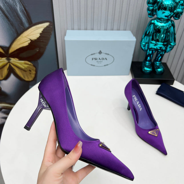 PRADA 26S POINTED TOE PUMPS STILETTO HEEL 80MM IN DEEP PURPLE SATIN