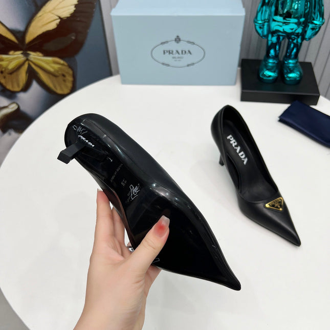 PRADA 26S POINTED TOE PUMPS STILETTO HEEL 80MM IN BLACK CALFSKIN