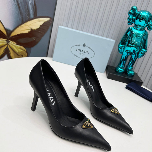 PRADA 26S POINTED TOE PUMPS STILETTO HEEL 80MM IN BLACK CALFSKIN