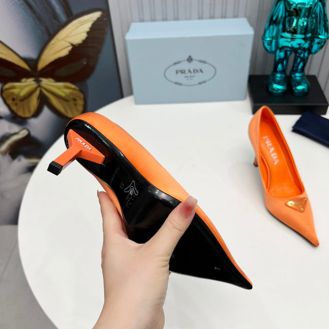 PRADA 26S POINTED TOE PUMPS STILETTO HEEL 80MM IN ORANGE SATIN