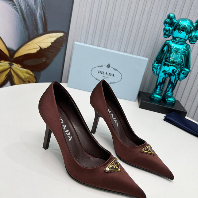 PRADA 26S POINTED TOE PUMPS STILETTO HEEL 80MM IN DARK BROWN SATIN