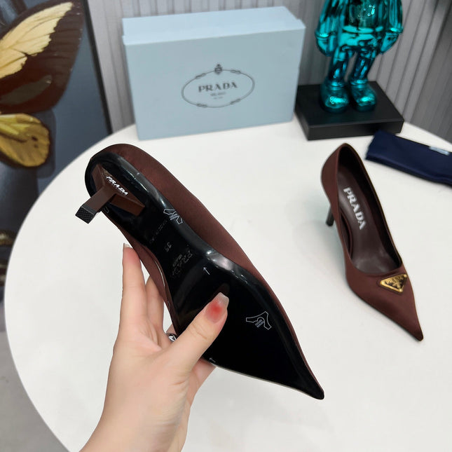 PRADA 26S POINTED TOE PUMPS STILETTO HEEL 80MM IN DARK BROWN SATIN