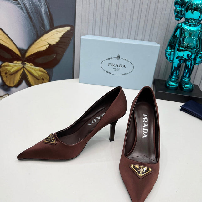 PRADA 26S POINTED TOE PUMPS STILETTO HEEL 80MM IN DARK BROWN SATIN