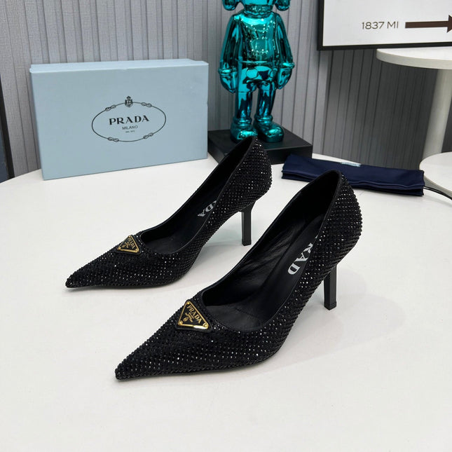 PRADA 26S POINTED TOE PUMPS STILETTO HEEL 80MM IN BLACK CRYSTAL EMBELLISHED