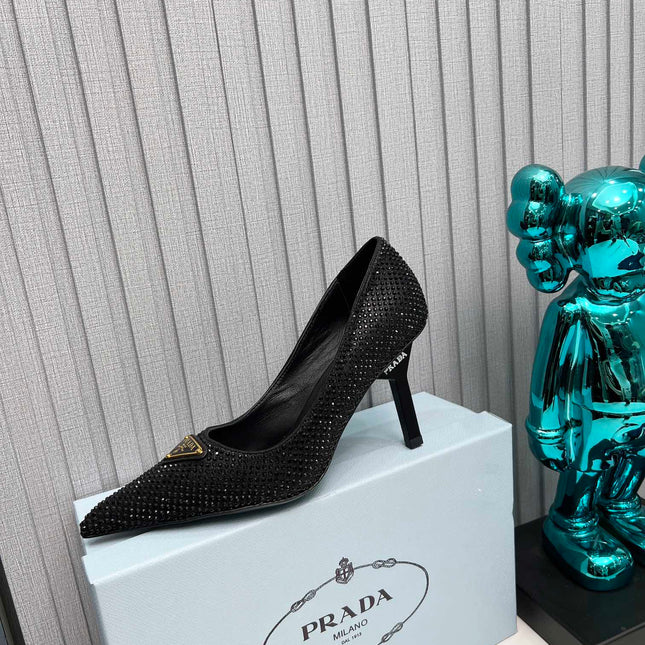 PRADA 26S POINTED TOE PUMPS STILETTO HEEL 80MM IN BLACK CRYSTAL EMBELLISHED