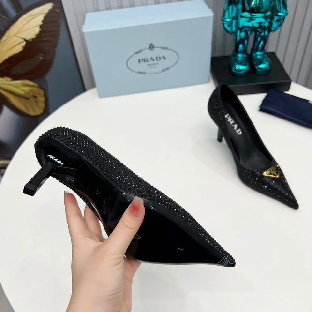 PRADA 26S POINTED TOE PUMPS STILETTO HEEL 80MM IN BLACK CRYSTAL EMBELLISHED