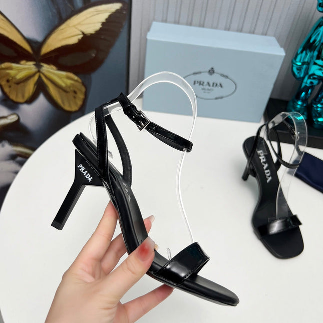 PRADA 26S ANKLE STRAP SANDALS STILETTO HEEL 80MM IN BLACK SHINE CALFSKIN