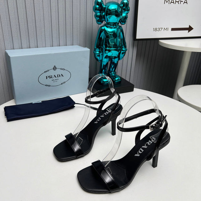 PRADA 26S ANKLE STRAP SANDALS STILETTO HEEL 80MM IN BLACK SHINE CALFSKIN