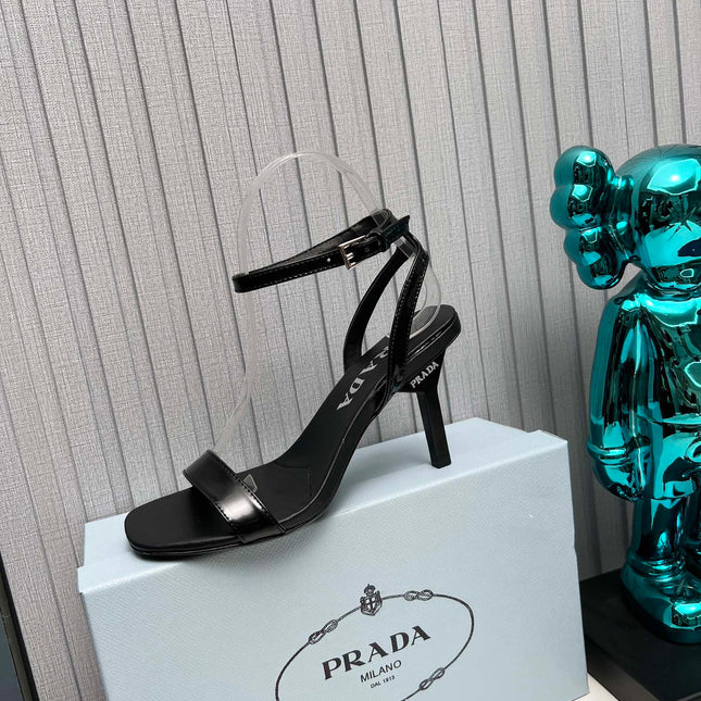 PRADA 26S ANKLE STRAP SANDALS STILETTO HEEL 80MM IN BLACK SHINE CALFSKIN