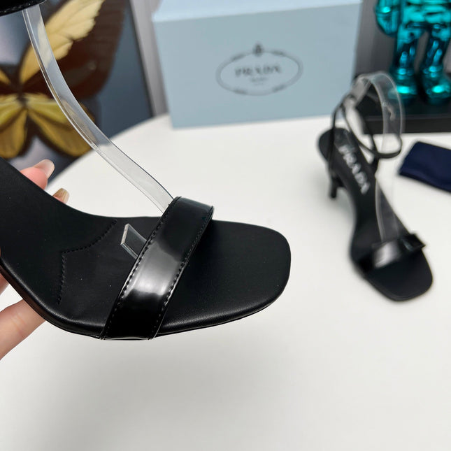PRADA 26S ANKLE STRAP SANDALS STILETTO HEEL 80MM IN BLACK SHINE CALFSKIN