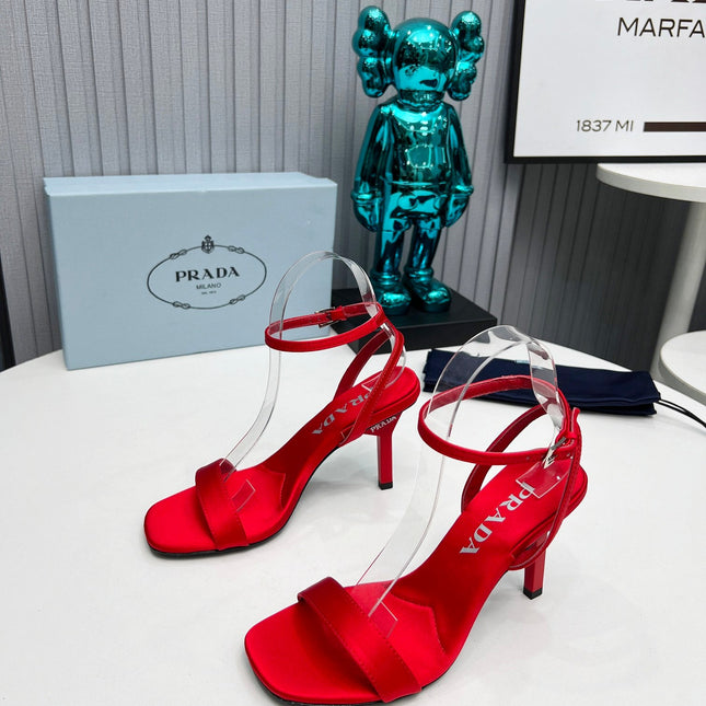 PRADA 26S ANKLE STRAP SANDALS STILETTO HEEL 80MM IN DARK RED SATIN